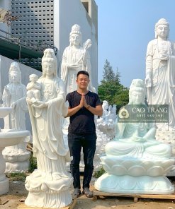 Tượng Quan Thế Âm Bế Trẻ Em Bằng Đá Cẩm Thạch Trắng, Cao 2m