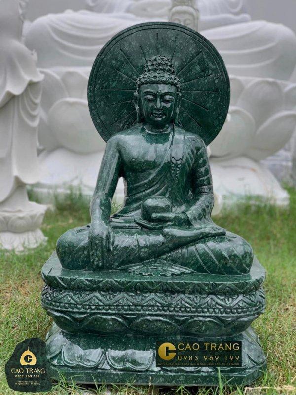 Tượng Phật Thích Ca Mâu Ni ngồi thiền có hào quang bằng đá xanh Ấn Độ