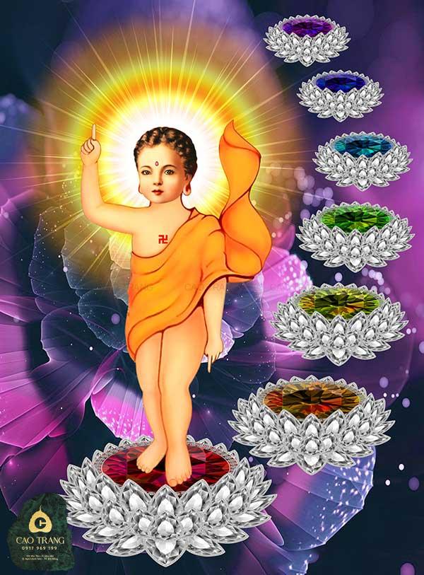 Hình Phật Thích Ca còn nhỏ bước đi trên hoa sen