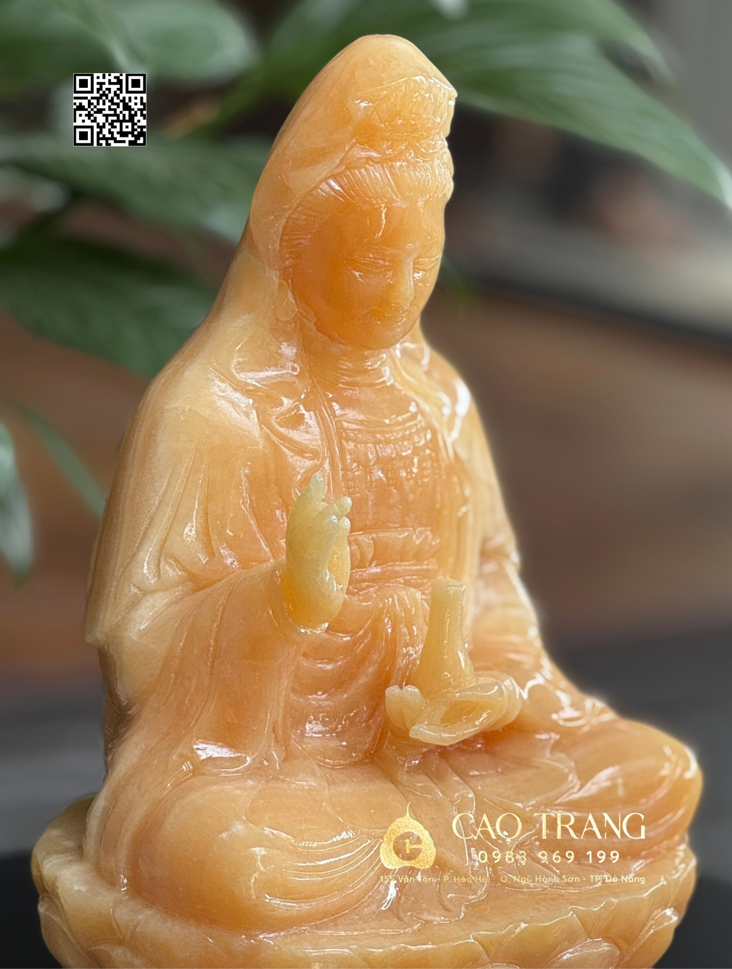 Tượng Quan Âm Bồ Tát ngồi cao 30cm Đá ngọc hoàng long
